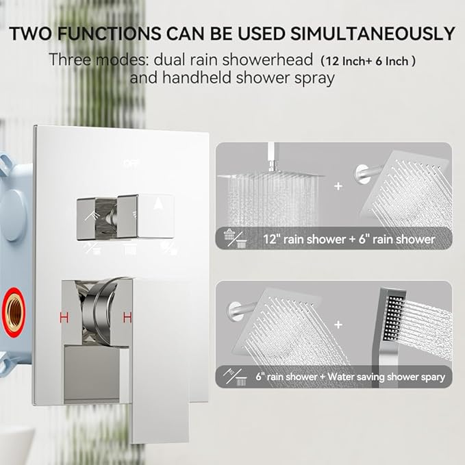 Shower Faucet Set Shower Systems, STARBATH 3 Way Shower Faucet with 2 in 1 Handheld, Ceiling Mount 12+6" Dual Rain Shower Head for Two People (6"+12" Rain Shower with Handheld, Chrome)