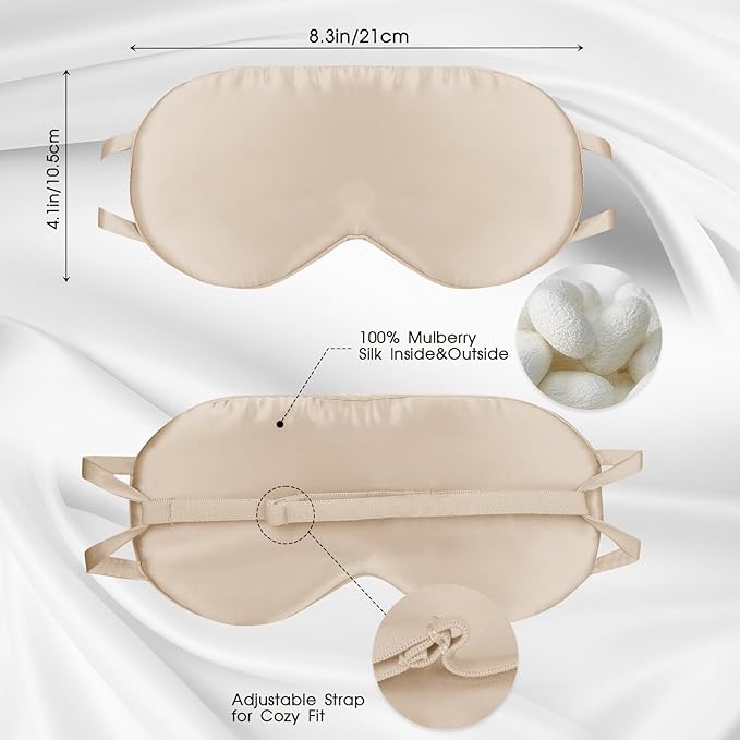 SILKTALE Silk Sleep Mask for Women/Men/Adults with Adjustable Strap Light Blocking Real Silk Eye Mask for Sleeping Plane/Side Sleeper/Travel,Champagne