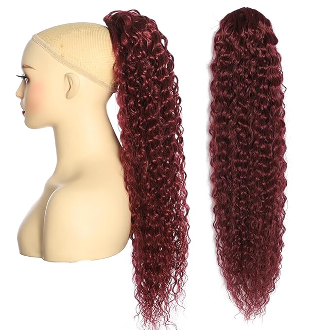 Deep Wave Ponytail Extension for Women 12 Inch Wine Red Curly Wavy Ponytail Hair Extensions Drawstring with Clips Short Synthetic Hairpiece for Daily and Party