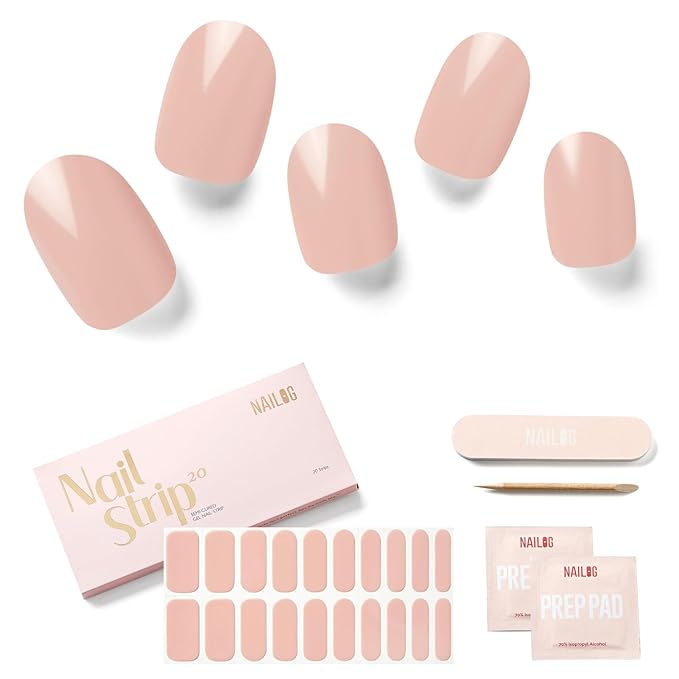 NAILOG Semi Cured Gel Nail Strips, 20Pcs Nude Pink Gel Nail Stickers, Salon Quality Easy Apply & Remove Works with Any UV/LED Nail Lamps, Blush