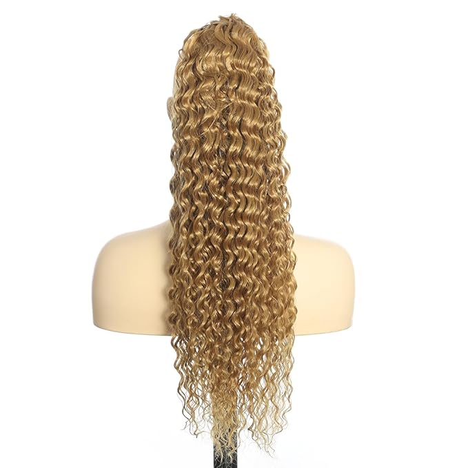 Deep Wave Ponytail Extension for Women 12 Inch Light Brown Curly Wavy Ponytail Hair Extensions Drawstring with Clips Short Synthetic Hairpiece for Daily and Party