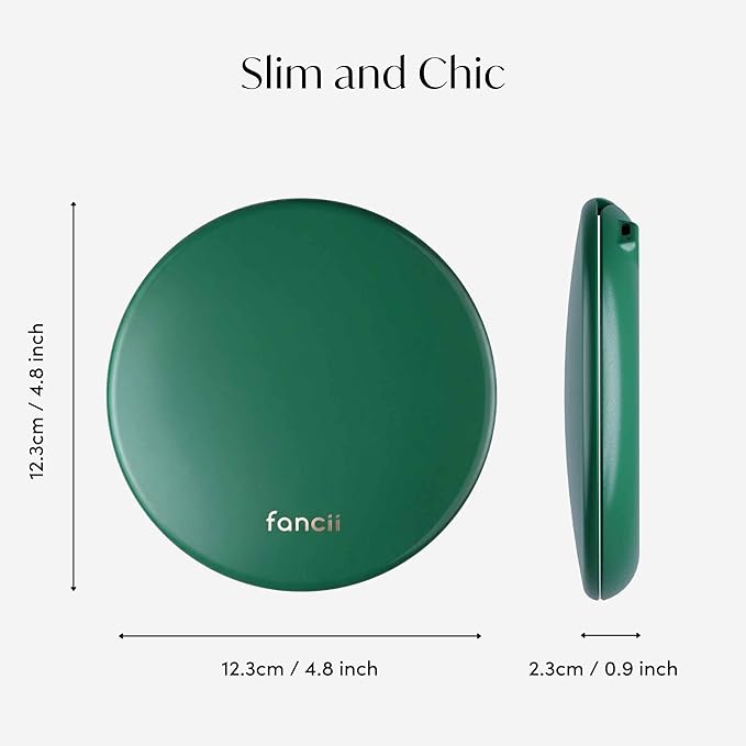 Fancii Taylor Rechargeable Travel Makeup Mirror with LED Lights, 10x /1x Magnifying, 3 Light Settings, Large 5” Wide | Compact Mirror for Purses (Emerald Envy)
