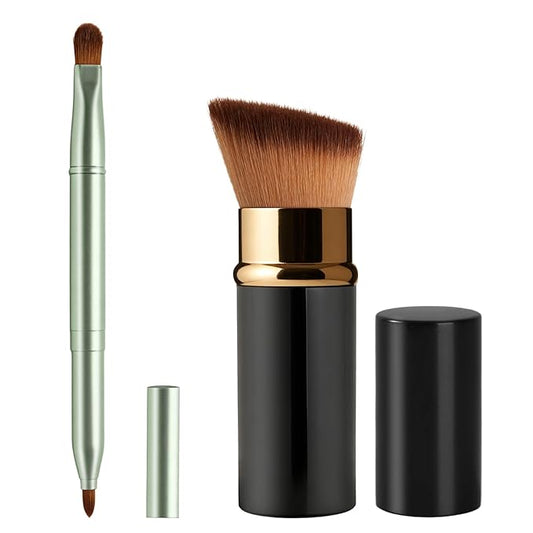 Lip Brush Kabuki Makeup Brush Set, Dual-ended Lip Brushes for Lipstick + All-in-One Foundation Kabuki Brush, Retractable Makeup Brush with Cover for Lip Gloss, Powder Blush, Flawless Cosmetics(Green)