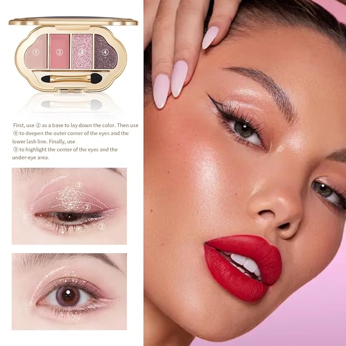 4 Colors Neutral Nude Matte & Shimmer Eyeshadow Palette, Pink Rose Plum Brown Neutral-Warm Mattes Glitter Eye shadow Contour Makeup Palette for Mature Women, Blue Green Eyes, Daily Natural Makeup.