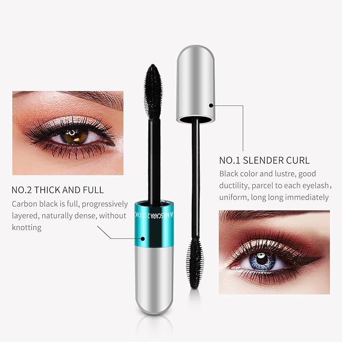 2 Pack 2 in 1 5x Longer Washable Mascara, 4D Silk Fiber Lash For VIBELY Mascara, No Clumping, Long-lasting Black