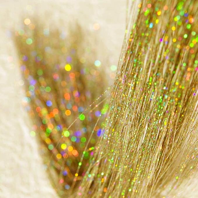 47" Holographic Hair Tinsel KIt Shining Gold Professional Sparkle Heat-Resistant Silk Extensions, Easy to Apply, Hair Accessories for Girls, Party Hair, Gifts for Girls (1000 Strands, Shining Gold)