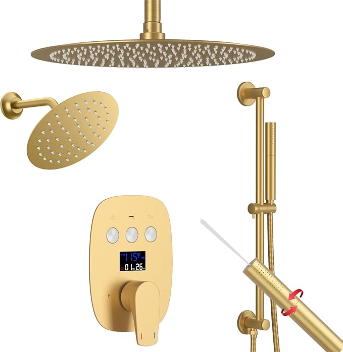 HONGTONGSOWER 12Inch Brushed Gold Ceiling Shower System & 8Inch Wall-Mount Shower Faucet Set, 2 in 1 Handheld with Adjustable Slide Bar Included Temperature Display Valve and Trim Kit Can Work At Once