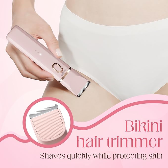 Bikini Trimmer for Women& Body Shaver – Cordless Electric Razor for Silky Smooth Skin | Replaceable Facial Razor Attachment | IPX7 Waterproof, Ceramic Blades & USB Charging Dock – Pink