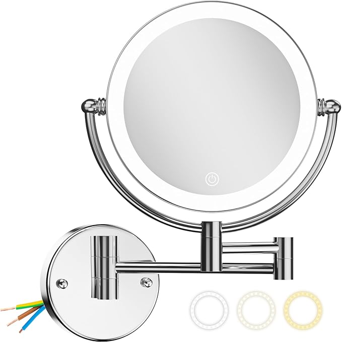 Hardwired Wall Mounted Makeup Mirror Magnifying, Double Sided 1/10X Magnifying Vanity Mirror with Lights 3 Color & Adjustable Brightness, 360 Swing Arm Shaving Mirror for Bathroom