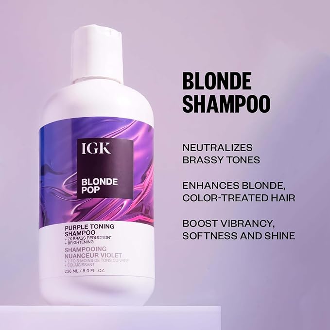 IGK BLONDE POP Purple Toning Shampoo & Conditioner Set | Neutralizes Brass + Brightens Blonde | Vegan + Cruelty-Free | 8 oz (Pack of 2)