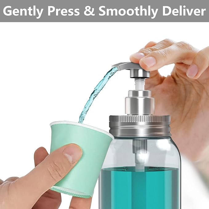 Luvan Mouthwash Dispenser for Bathroom, 25oz Mouthwash Pump Bottle with Cup Holder, Refillable Clear Blue Mouth Wash Container for All Age Groups, Large Capacity Bathroom Mouthwash Holder Set