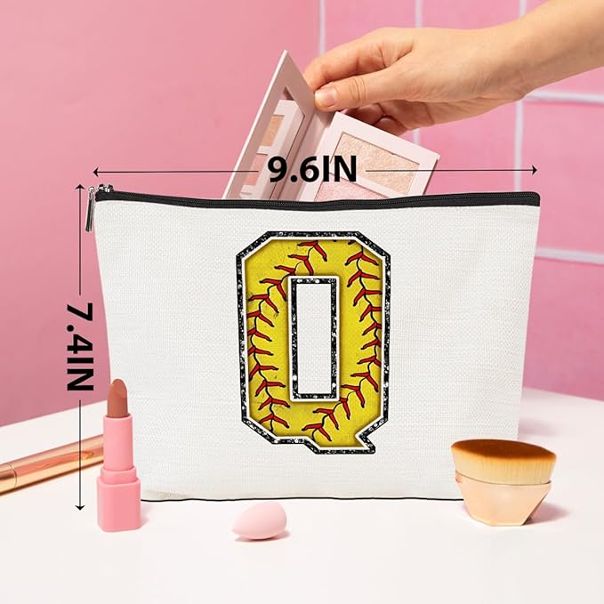 CQM Softball Gifts Initial Makeup Bag Monogrammed Cosmetic Bag Letter Q Zipper Pouch Softball Accessories for Girls Women Player Coaches Friend Graduation Birthday Gifts