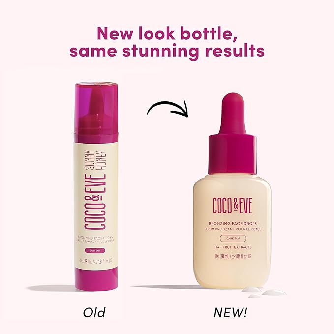 Coco & Eve Sunny Honey Bronzing Face Tanning Drops (Dark), Natural Self Tanning Face Drops. Hydrating Hyaluronic Acid. Indoor Sunless Moisturizing Self Tanner. (1 fl oz)