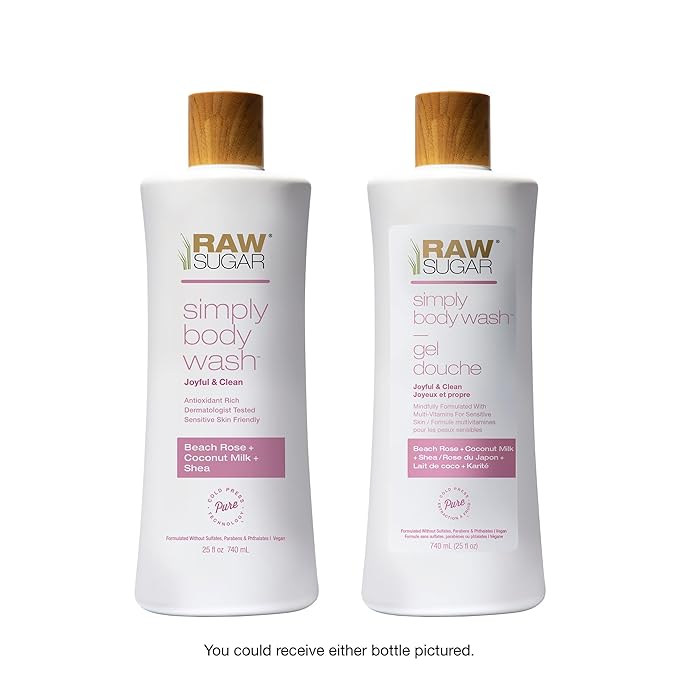 RAW SUGAR Simply Body Wash, Beach Rose + Coconut Milk + Shea (25 Fl Oz, Pack of 1) Sensitive Skin Bath Soap, Formulated without SLS/SLES & Parabens