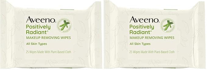 Aveeno Positively Radiant Makeup Remover Wipes, Gentle Individual Face Wipes with Moisture-rich Soy Extract to help leave your skin looking bright, Hypoallergenic Formula, Non-Comedogenic (Pack of 50)