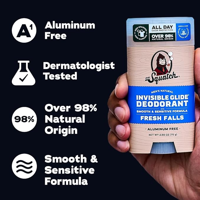 Dr. Squatch Invisible Glide Natural Men’s Deodorant – Smooth Glide, No Stains – Aluminum Free Deodorant Men – Safe for Sensitive Skin – Fresh Falls + Coconut Castaway, 2.65oz (2-Pack)