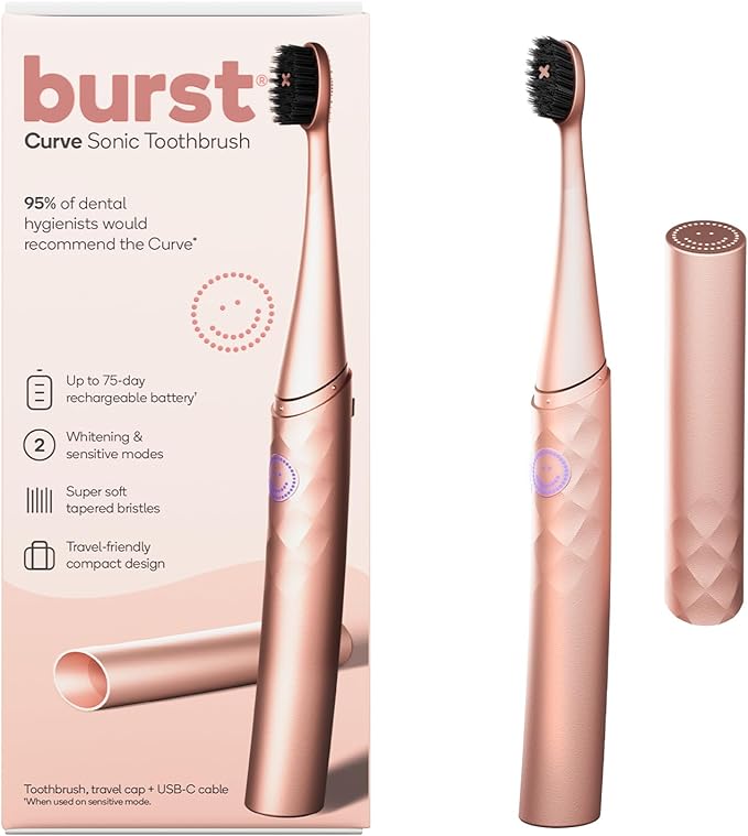 Burst Curve Sonic Electric Toothbrush for Adults (Rose Gold) | Slim Travel Brush with Cover | Ultra Soft Bristles | Up to 2 Month Rechargeable Battery | Two Modes & Timer