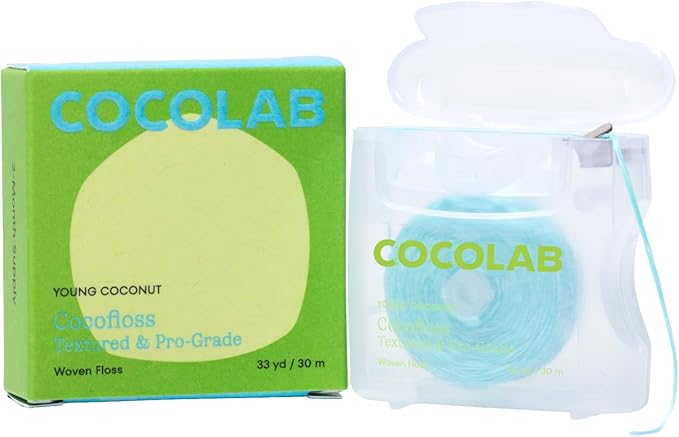 Cocolab Woven Dental Floss, Dentist-Designed Oral Care, Coconut Scent, Waxed, Expanding, Vegan, Kid-Friendly String Floss with Coconut Oil, 1 Spool (33 yd)
