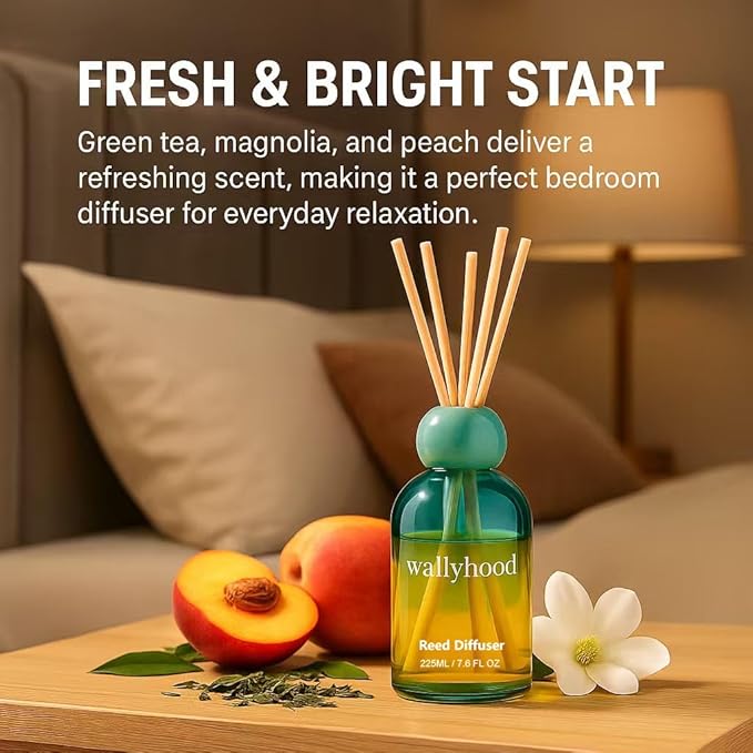 Reed Diffuser Set 7.6 fl oz (225ml) – Extended Flameless Home Fragrance for Bathroom, Bedroom & Living Room – Yellow Green Gradient Glass Decorative Reed Diffuser, Pet Friendly, Gift Ready