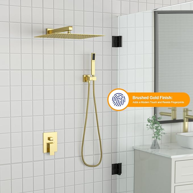 Dcolora 16 In. Rainfall Shower System with Handheld, Gold Shower Faucet Set for Bathroom, Brass Valve, 304 Stainless Steel, Anti-Scald cUPC Certified (Brushed Gold, 16 Inch)