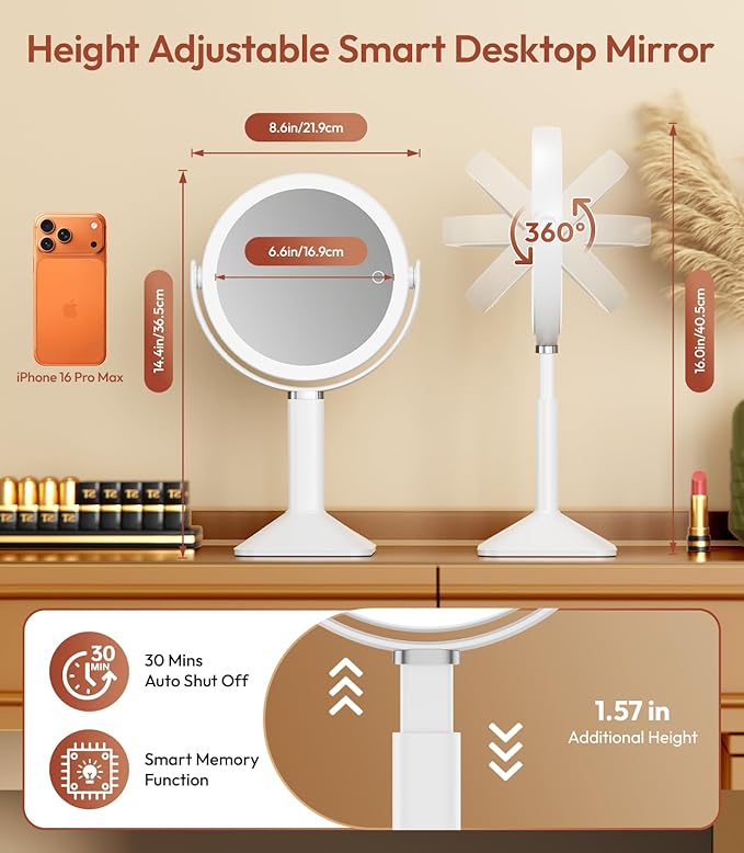 Lighted Makeup Mirror with Lights and Magnification 30X/1X, Height Adjustable 30X Magnifying Vanity Mirror with 4000mAh Battery & 3 Colors Dimming Light for Desktop Bathroom Bedroom (White)