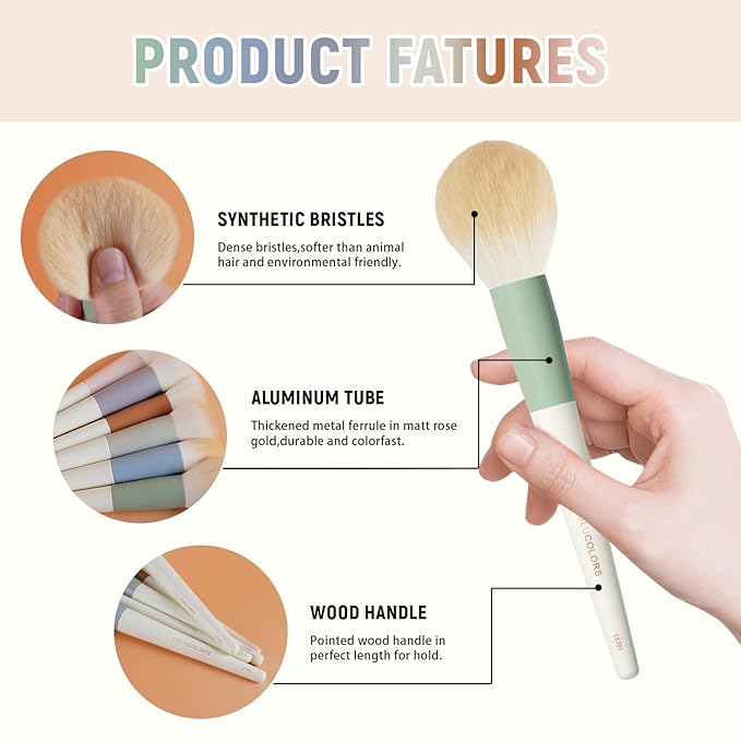 LULUCOLORS Colorful Series 18-Pcs Makeup Brush Set with Soft, Cruelty-Free Synthetic Bristles, Wooden Matte Handles, 2 Latex-Free Makeup Sponges & Travel Storage Bag – Face & Eye Brushes for Makeup