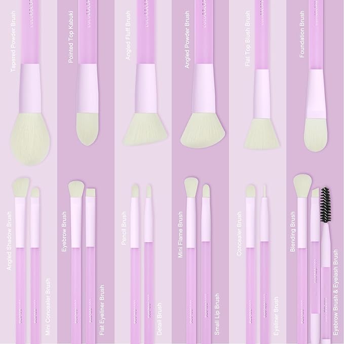 LULUCOLORS 18-Piece Light Purple Professional Makeup Brush Set – Translucent Rubberized Handles, Soft Synthetic Bristles for Face & Eye Makeup–Includes Travel Bag & Sponges, Complete Brush Collection