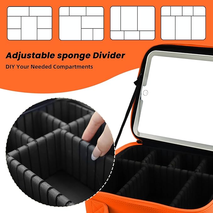 SUILU Travel Makeup Bag with LED Mirror and Light Travel Makeup Case Cosmetic Organizer Portable Cosmetic Brush Organizer Bag with Adjustable Dividers for Cosmetics Makeup Brushes Toiletry (Orange)