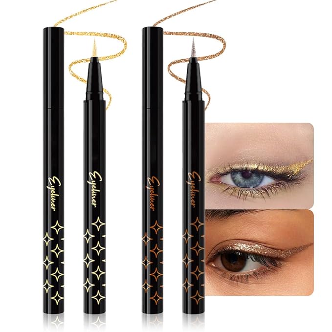 HHLOH 2PCS Metallic Glitter Liquid Eyeliner Pens Set – Waterproof Mark Bronze Brown or Gold Long-Lasting Sparkly Eye Makeup – Tattoo-Effect Ink Liners for Women & Men, Delineador Líquido con Brillo 05
