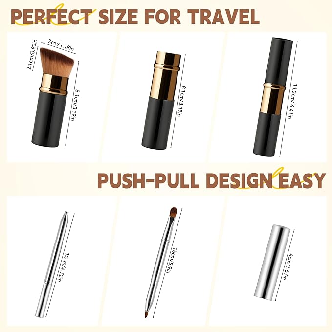 Lip Brush Kabuki Makeup Brush Set, Dual-ended Lip Brushes for Lipstick + All-in-One Foundation Kabuki Brush, Retractable Makeup Brush with Cover for Lip Gloss, Powder Blush, Flawless Cosmetics(Gold)