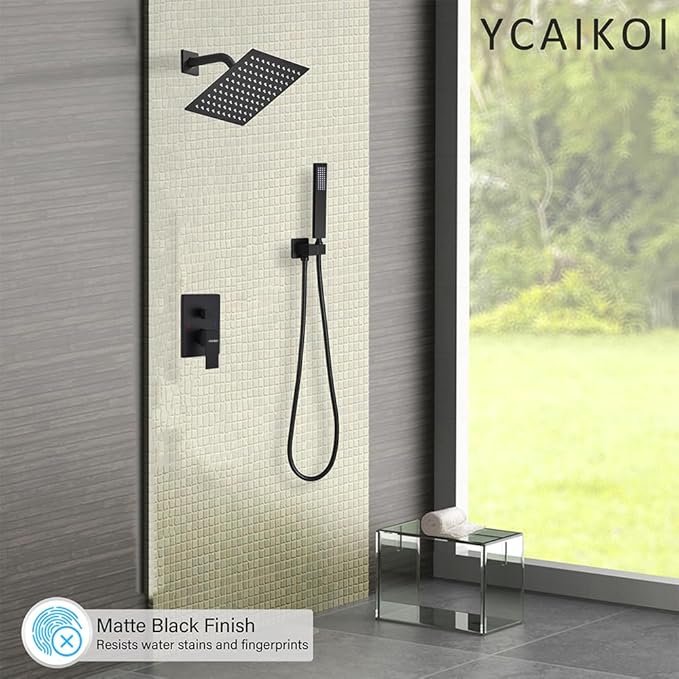 YCAIKOI Matte Black Shower System, 8 Inch High Pressure Rain Shower with Handheld, Wall Mount Shower Faucet Set for Bathroom, Rough-in Valve Body and Trim Included
