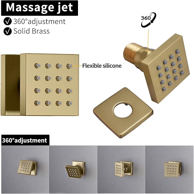 HONGTONGSOWER Bathroom Rainfall Shower System Wall Mount 8 Inch Shower Head With Handled Spray 6 Pcs jets Temperature Display Shower Faucet Set (Brushed Gold)