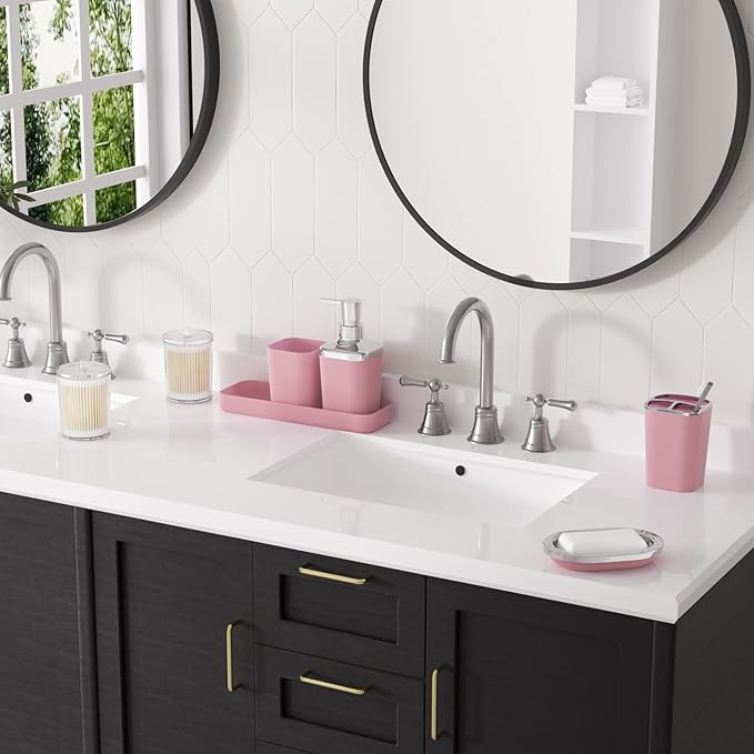 XLHOMO Pink Bathroom Accessories Set, 9PCS Pink Bathroom Accessory Sets Complete with Trash Can, Tray,Soap Dispenser,Soap Dish,Toothbrush Holder,Cup,Toilet Brush and Qtip Holders for Housewarming