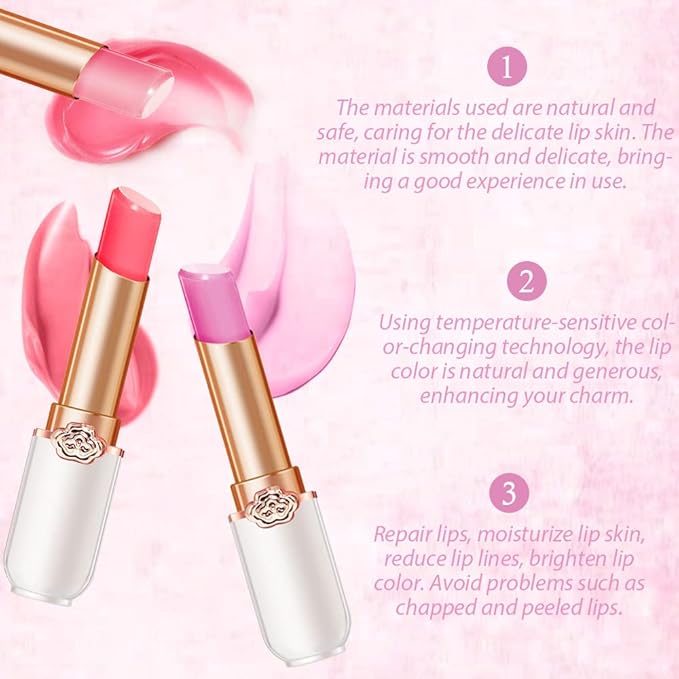evpct 3Pcs Magic Color Changing Lipstick Long Lasting Waterproof 24 Hours Original for Women, Peach Strawberry Grape Pink PH Mood Permanent Color Changing Lipstick Lip Balm Gloss, labial magico