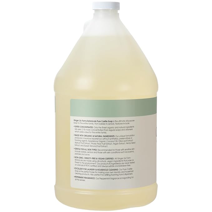 Ginger Lily Farms Botanicals Pure Castile Liquid Soap Refill, Peppermint Scent, 1 Gallon, All-Purpose Cleaner for Body, Face, Hair, Dishes, Laundry & Pets, Non-GMO, 100% Vegan & Cruelty-Free