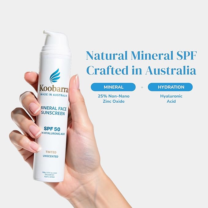 Koobarra Mineral Face Sunscreen SPF 50, Tinted Aussie Zinc Oxide Sunblock with Hydrating Hyaluronic Acid, Reef Safe, Natural, Vegan, Australian Made, Great for Sensative Skin, Unscented, 100g 3.4oz