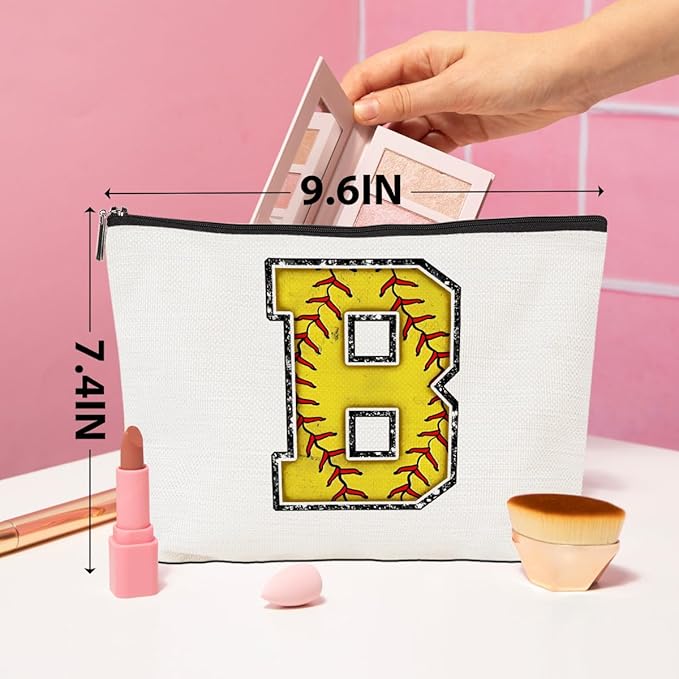 CQM Softball Gifts Initial Makeup Bag Monogrammed Cosmetic Bag Letter B Zipper Pouch Softball Accessories for Girls Women Player Coaches Wife Graduation Birthday Gifts