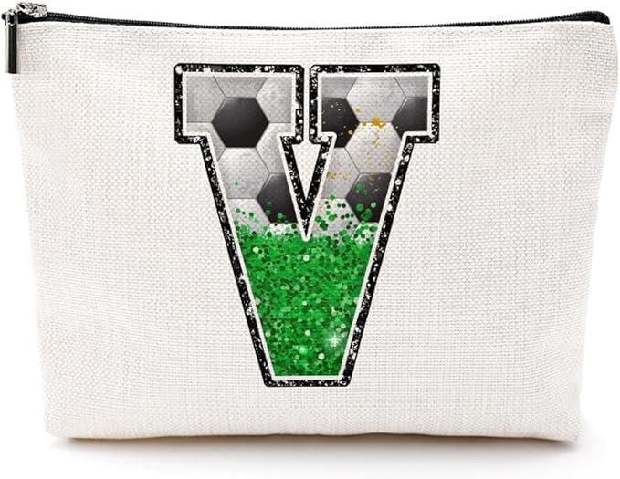 CQM Soccer Gifts Initial Makeup Bag Monogrammed Cosmetic Bag Letter V Zipper Pouch Soccer Accessories for Girls Women Player Coaches Friend Graduation Birthday Gifts