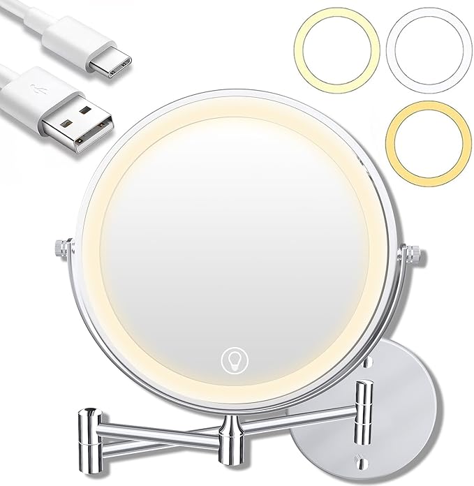 Unimiro 9inch Wall Mounted Makeup Mirror with Light, 1x/20x 5000mAh Rechargeable Magnifying Mirror with Light, 360° Rotate Bathroom Mirror with Lights, 3 Color, 80 LEDs, Stepless Dimmable