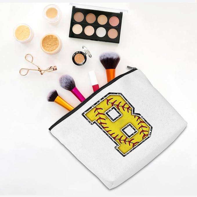 CQM Softball Gifts Initial Makeup Bag Monogrammed Cosmetic Bag Letter B Zipper Pouch Softball Accessories for Girls Women Player Coaches Wife Graduation Birthday Gifts