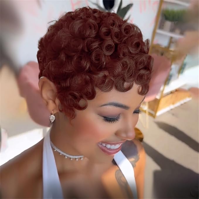 Short Curly Wig Pixie Cut Human Hair for Black Women 4# Chocolate Color Short Wig for Women Human Hair Layered Haircut Summer Glueless Wigs with Bangs Wear and Go Wigs