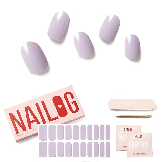 Semi Cured Gel Nail Strips - NAILOG 20 Pcs Light Purple Gel Nail Stickers Extra Long Nail Wraps with Glossy Gel Finishing for Spring Summer, Lilac