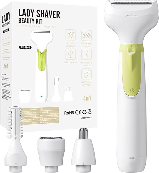 Electric Shaver for Women, 2025 Wet/Dry Razors for Women with LED Display,4 in 1 Cordless Hair Remover for Arms Legs Pubic Armpit Face, IPX7 Waterproof, Painless Electric Grooming Set