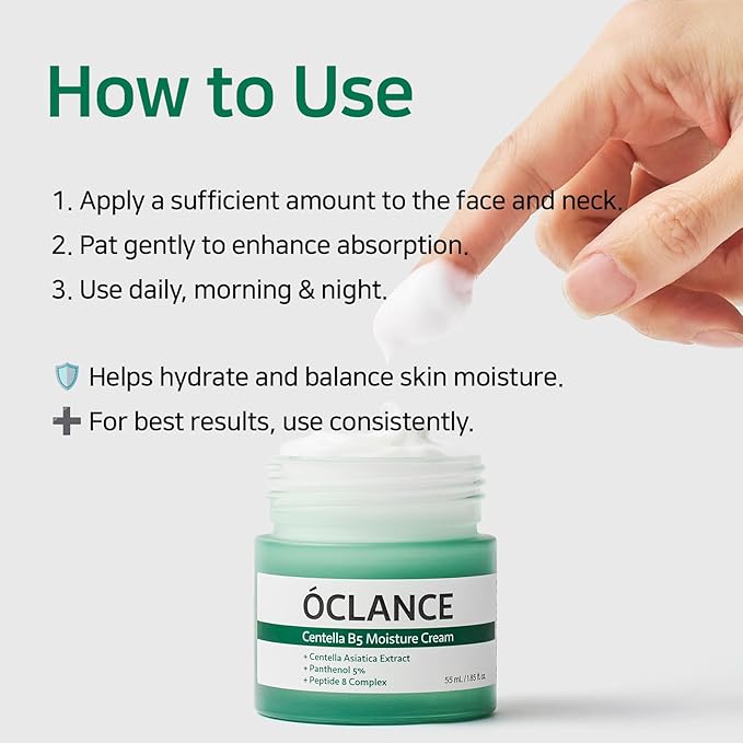 OCLANCE Centella B5 Calming Barrier Cream, Lightweight Non-Greasy Face Moisturizer for Sensitive Skin with Panthenol, Centella & 8-Peptide Complex, Fragrance-Free Korean Skincare, 1.85 fl oz (55ml)