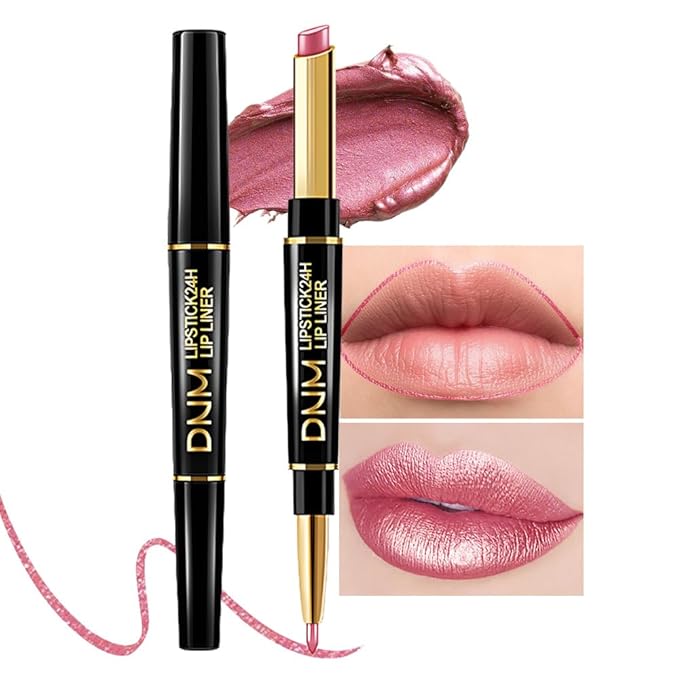 Kaely 2-in-1 Natural Pink Metallic Shine Shimmer Lip Liner & Lipstick Combo Set Kit for Women, Lightweight Hydrating Formula High Impact Full Coverage Lipstick and Lip Liner Makeup Gloss 20