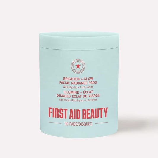 First Aid Beauty - Facial Radiance Pads with Glycolic & Lactic Acids, Daily Exfoliating Pads with AHA, Visibly Smaller Pores, Help Tone & Brighten Skin, One-Step Makeup Prep, Compostable, 90ct