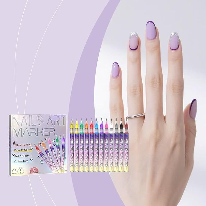 12 Colors Nail Art Pens Set Nail Art Pens, Nail Art Markers for Nail Art Fine Tip Nail Art Pen 0.5mm, Nail Polish Pens Quickly Dry Nail Art Pens for Painting Nails for Home DIY Salon