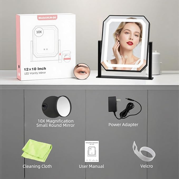 Lighted Makeup Mirror, 3 Colors for Precise Application, Touch Control Brightness Adjustment for Easy Use, with a Detachable 10x Magnifying Mirror, 12“ x 10” Hollywood Vanity Mirror for Plug-in Use
