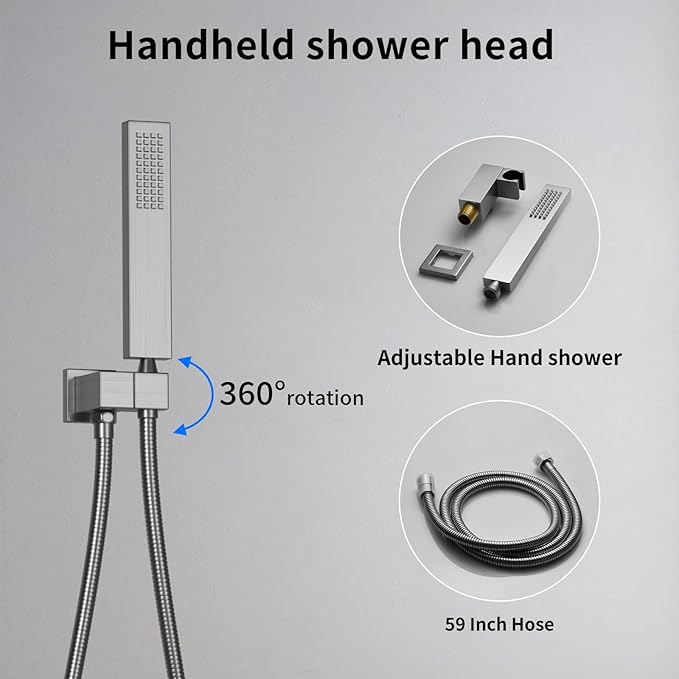 HONGTONGSOWER Bathroom Rainfall Shower System Wall Mount 8 Inch Shower Head With Handled Spray 6 Pcs jets Temperature Display Shower Faucet Set (Brushed Nickel)