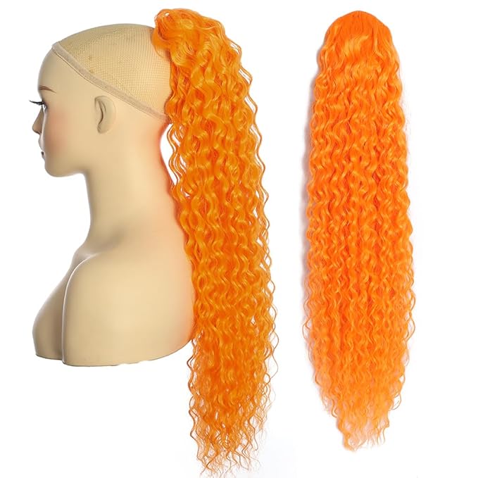 Deep Wave Ponytail Extension for Women 12 Inch Orange Curly Wavy Ponytail Hair Extensions Drawstring with Clips Short Synthetic Hairpiece for Daily and Party